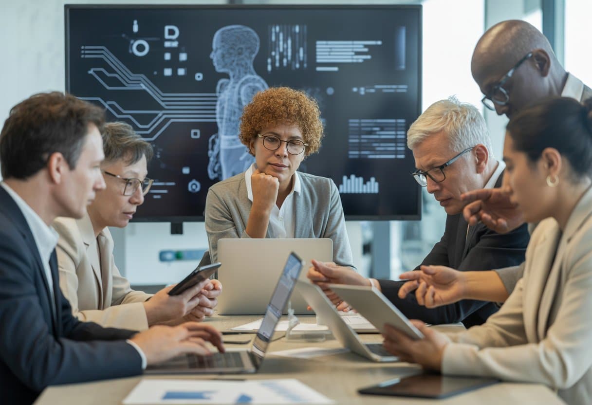 Een diverse groep mensen in een kantoor bespreekt samen AI en werving rond een tafel met laptops en documenten.