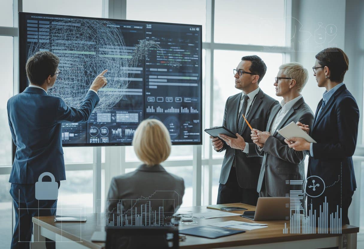 Een groep zakelijke professionals bespreekt gegevens op een groot digitaal scherm in een moderne kantooromgeving.