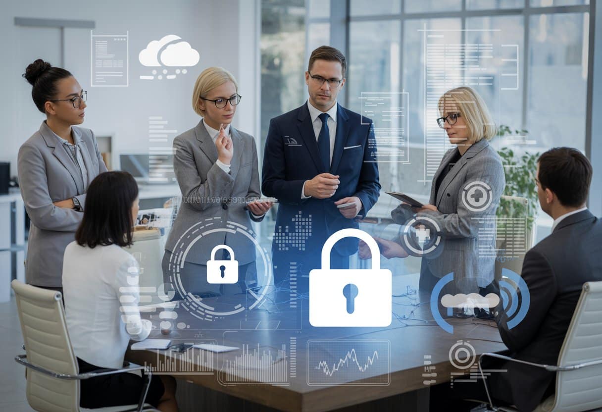 Een groep zakelijke professionals bespreekt gegevensbescherming en privacy in een moderne kantooromgeving met digitale datavisualisaties.