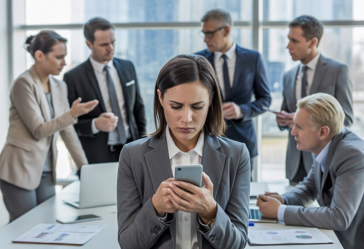 Een groep zakelijke professionals in een kantoor, waarbij een vrouw nadenkt terwijl ze op haar smartphone kijkt en collega's bezorgd en serieus kijken.