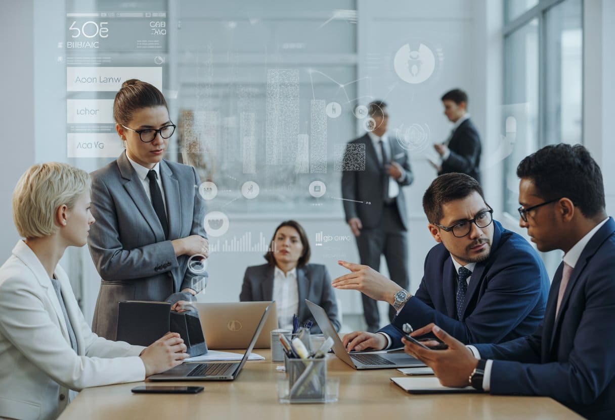 Een groep diverse professionals zit rond een vergadertafel en bespreekt juridische en personeelszaken met digitale schermen en documenten op de achtergrond.