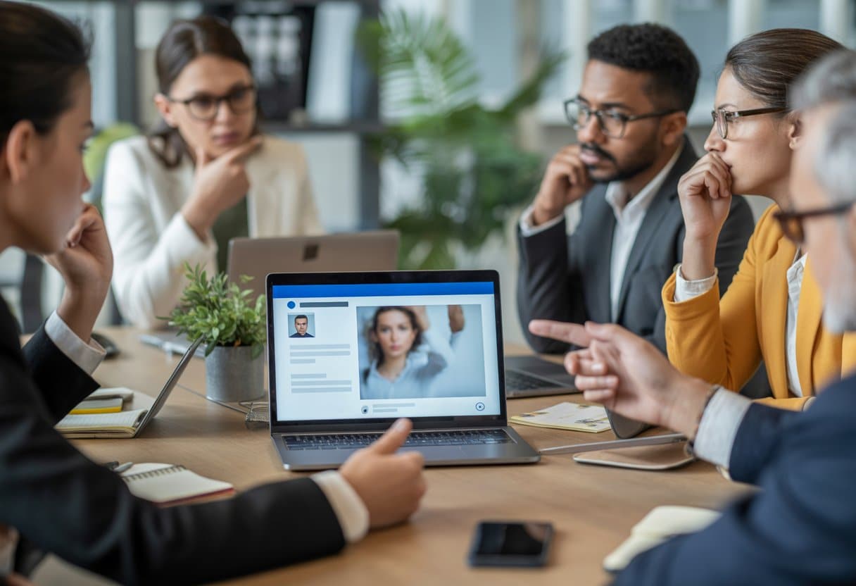 Een groep professionals in een kantoor bespreekt serieus iets terwijl een laptop met een socialmediaprofiel openstaat.