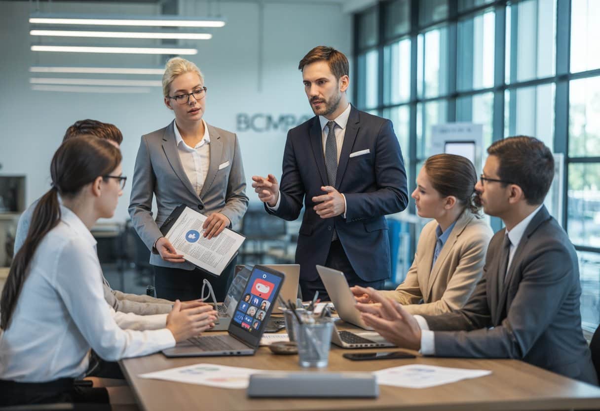 Een groep professionals bespreekt juridische aspecten van arbeidsrecht en sociale media in een moderne kantooromgeving.