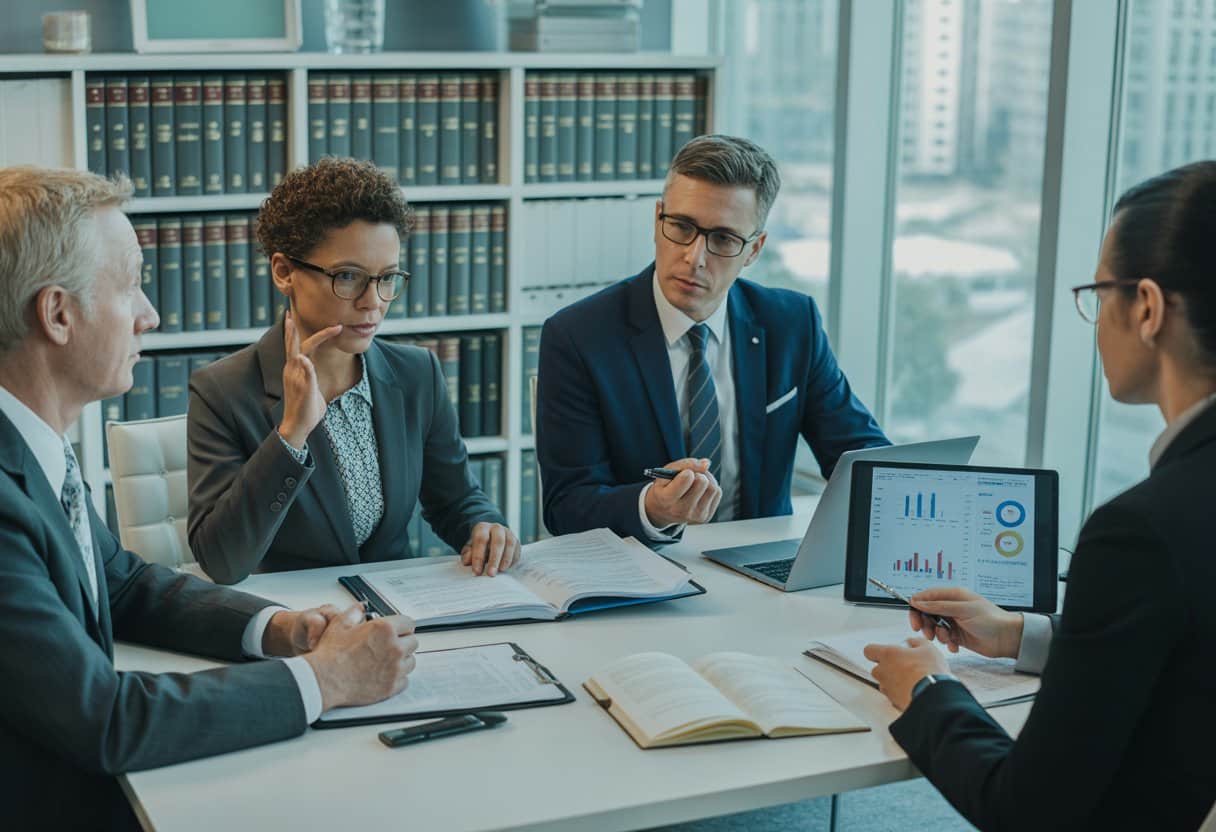 Beschikbare uren, dwangsom en bestuursrecht: Gids voor gemeentelijke lastgeving 1 Een zakelijke vergadering in een modern kantoor met professionals die juridische documenten bespreken.