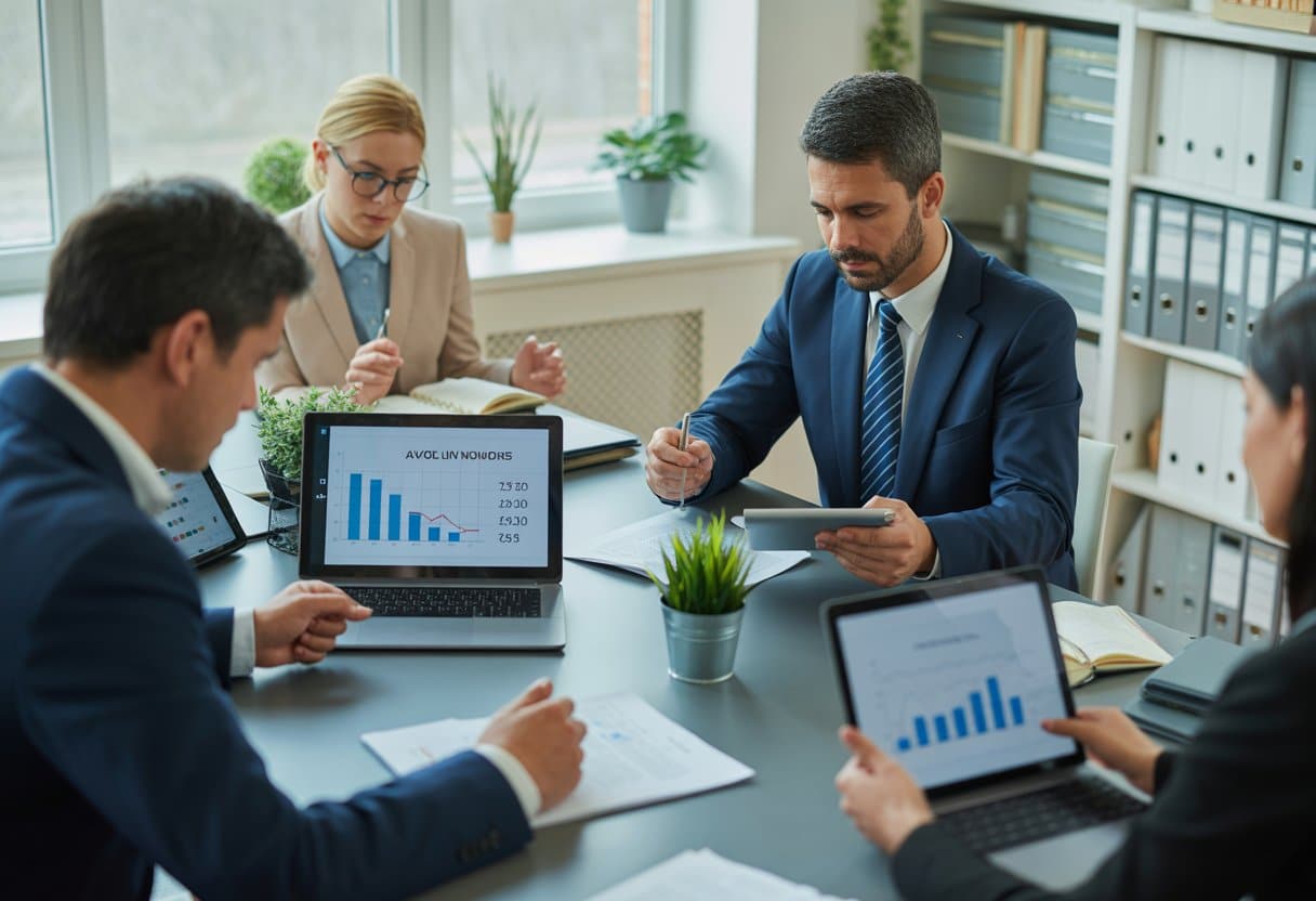 Beschikbare uren, dwangsom en bestuursrecht: Gids voor gemeentelijke lastgeving 2 Een groep professionals bespreekt documenten en digitale tablets in een moderne kantooromgeving van de gemeente.