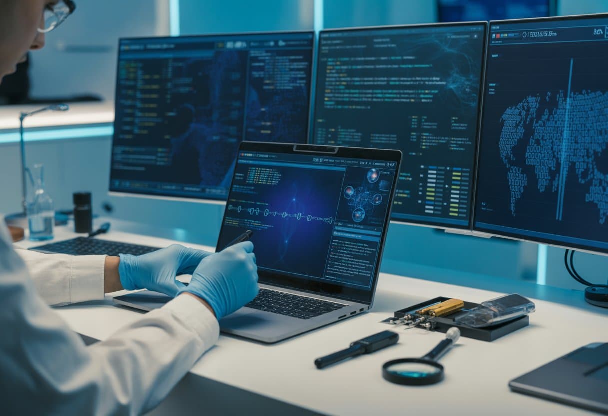 Een forensisch onderzoeker onderzoekt een laptop met digitale gegevens in een moderne laboratoriumomgeving.