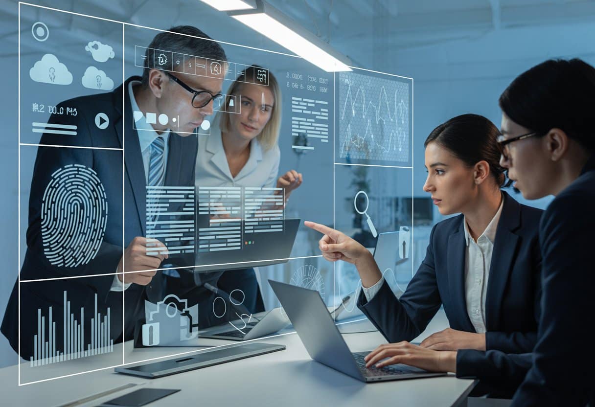 Een groep professionals die in een moderne kantooromgeving samen digitale gegevens en forensisch bewijsmateriaal onderzoekt.