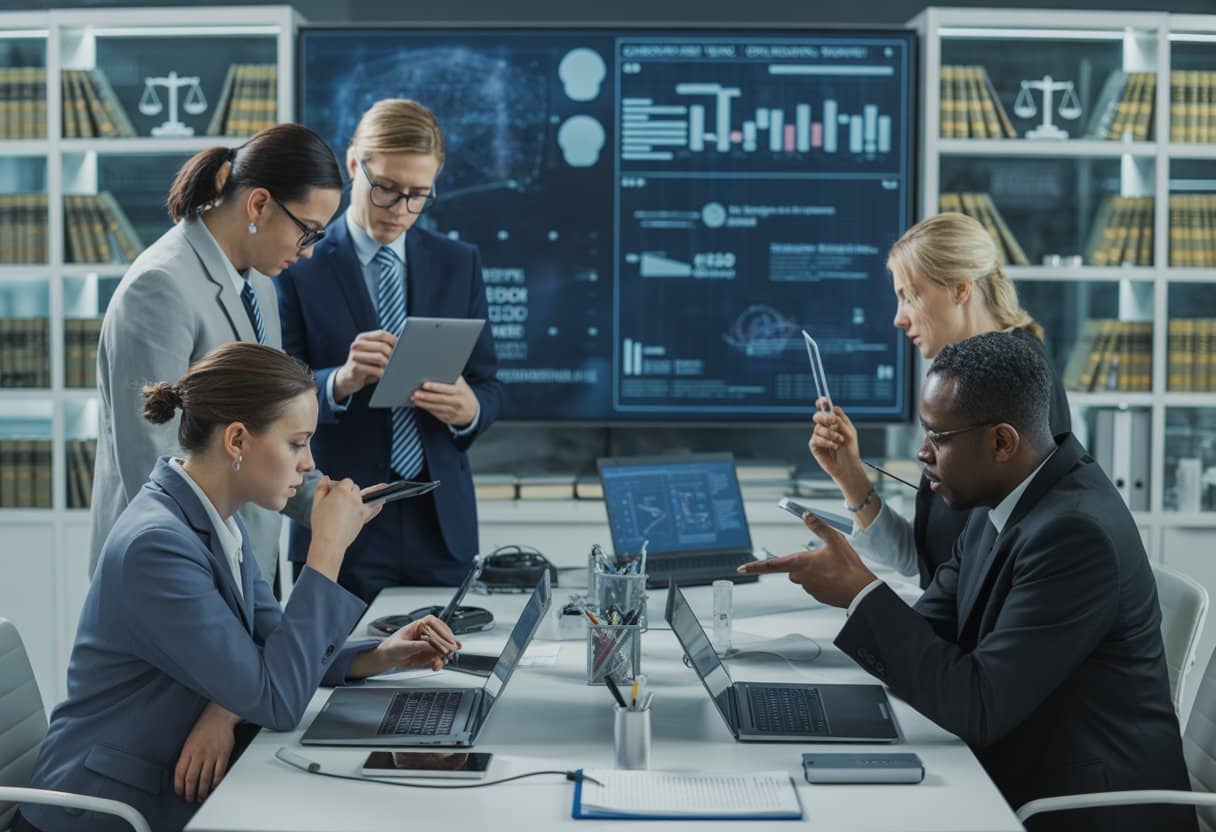 Een groep juridische en forensische experts werkt samen in een modern kantoor met digitale schermen en technologieën voor bewijsvergaring.