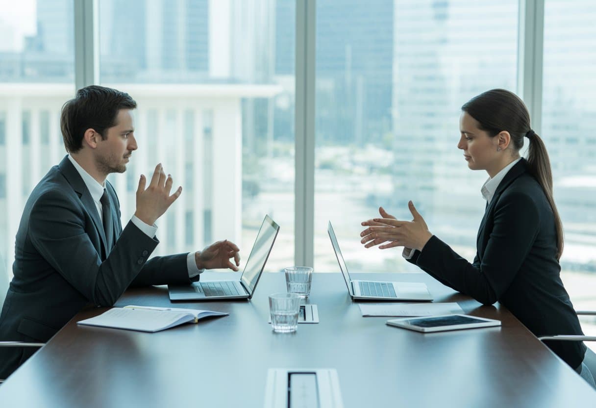 Twee zakelijke professionals zitten aan een vergadertafel en voeren een rustig gesprek in een kantoor met uitzicht op de stad.