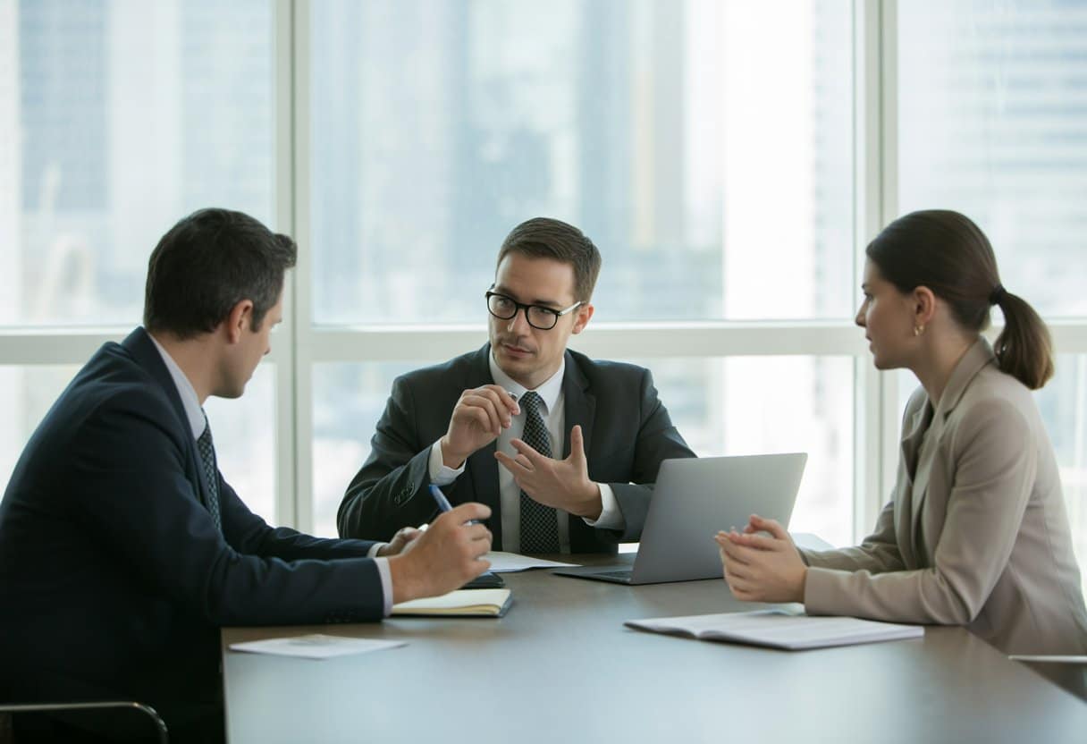 Drie zakelijke professionals zitten aan een tafel in een kantoor en voeren een overleg over geschiloplossing.