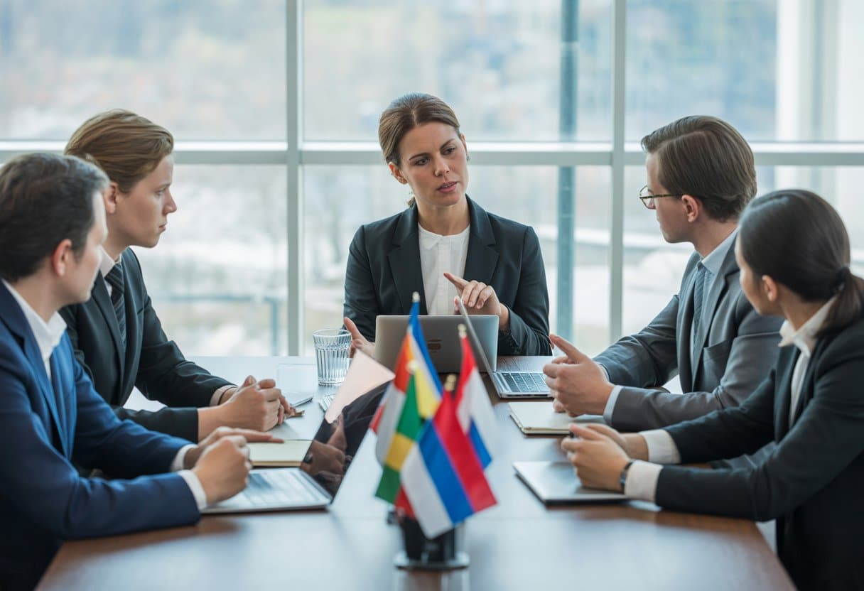 Een groep zakelijke professionals in een vergaderruimte bespreekt internationale juridische zaken rondom Nederlandse ondernemingen.