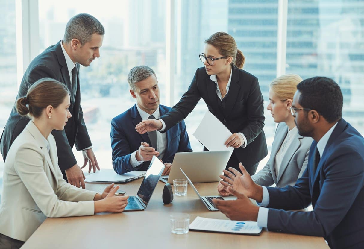 Een groep zakelijke professionals bespreekt samen aan een vergadertafel in een modern kantoor.