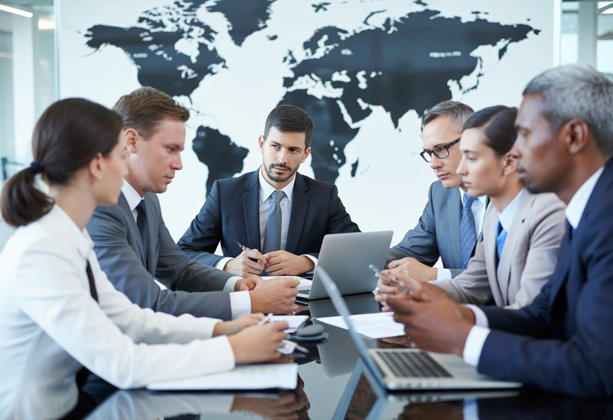 Een groep zakelijke professionals bespreekt documenten in een moderne kantooromgeving met een wereldkaart op de achtergrond.
