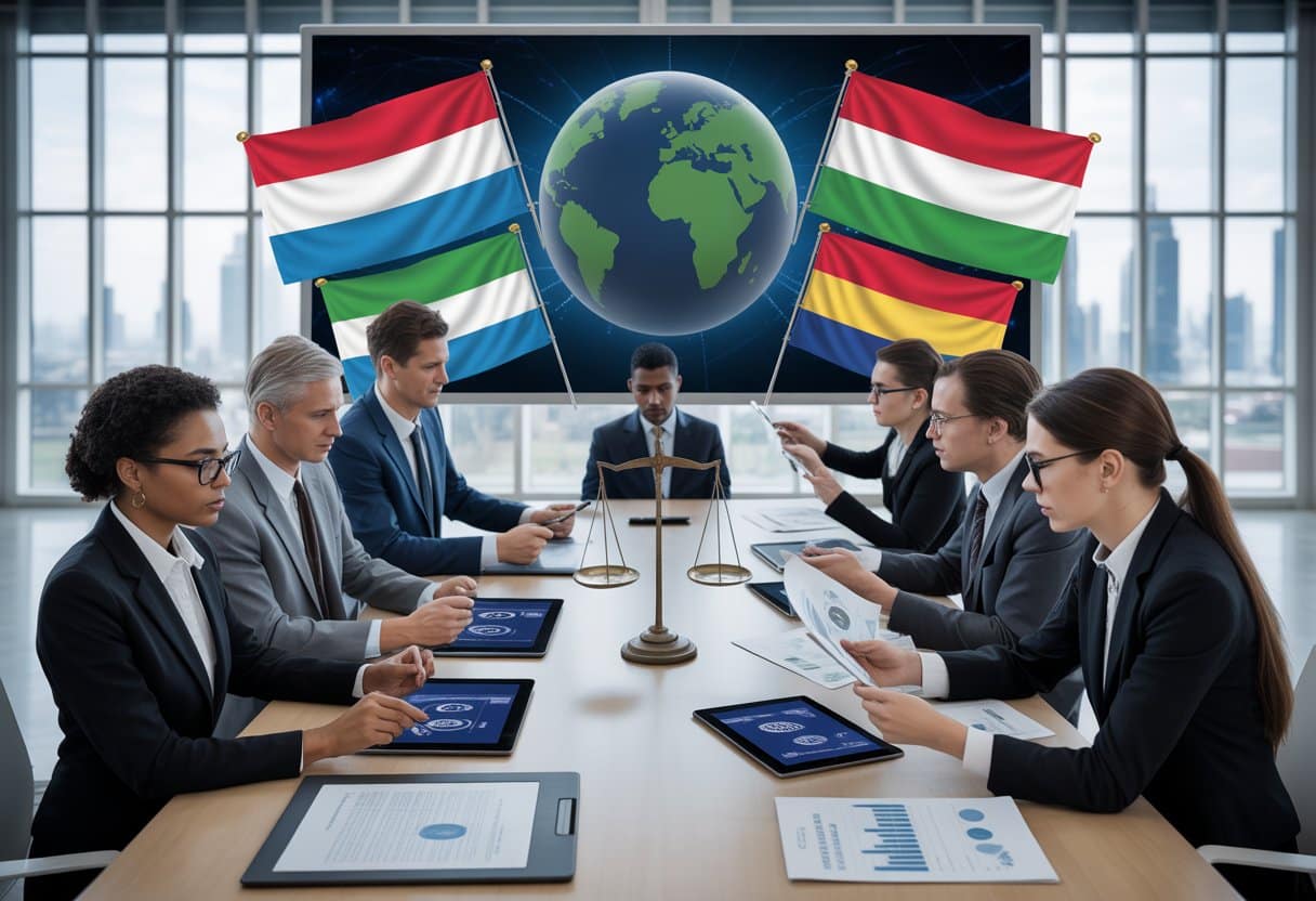 Een groep zakelijke professionals en juristen in een vergaderruimte, bezig met internationale juridische documenten en overleg.