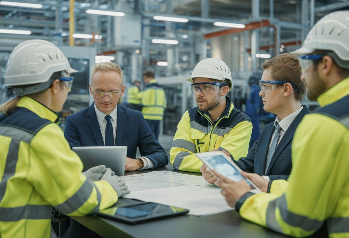 Een groep professionals en fabrieksmedewerkers in een moderne Nederlandse maakfabriek bespreken documenten en werken samen.