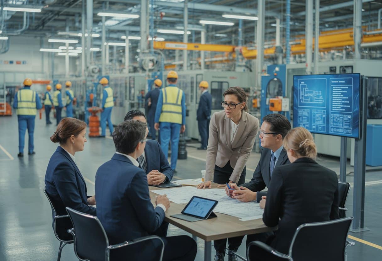 Een groep zakelijke professionals bespreekt preventiemaatregelen in een moderne Nederlandse fabriek met arbeiders en machines op de achtergrond.