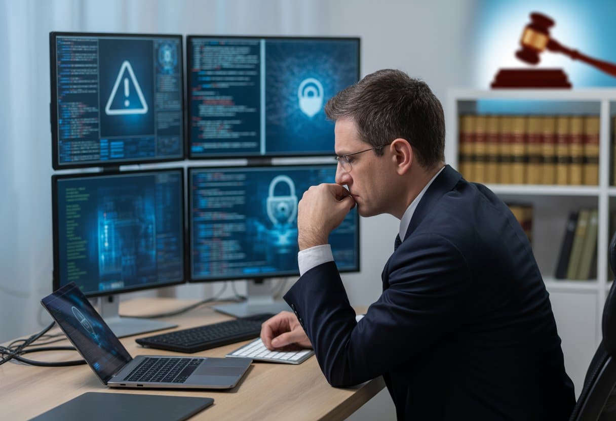 Een ondernemer in formele kleding zit aan een bureau met meerdere computerschermen waarop digitale code en waarschuwingssymbolen te zien zijn, met op de achtergrond juridische elementen zoals een hamer en boeken.