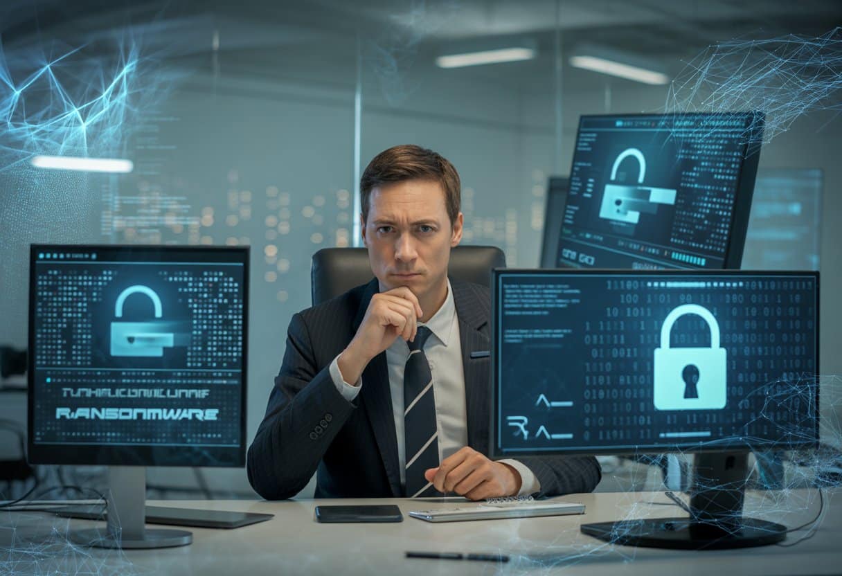 Een zakelijke professional zit achter een bureau met meerdere computerschermen die digitale beveiligingssymbolen tonen in een moderne kantooromgeving.