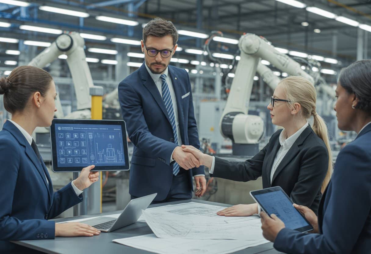 Professionals in een Nederlandse fabriek bespreken samen preventie van omkoping en corruptie.
