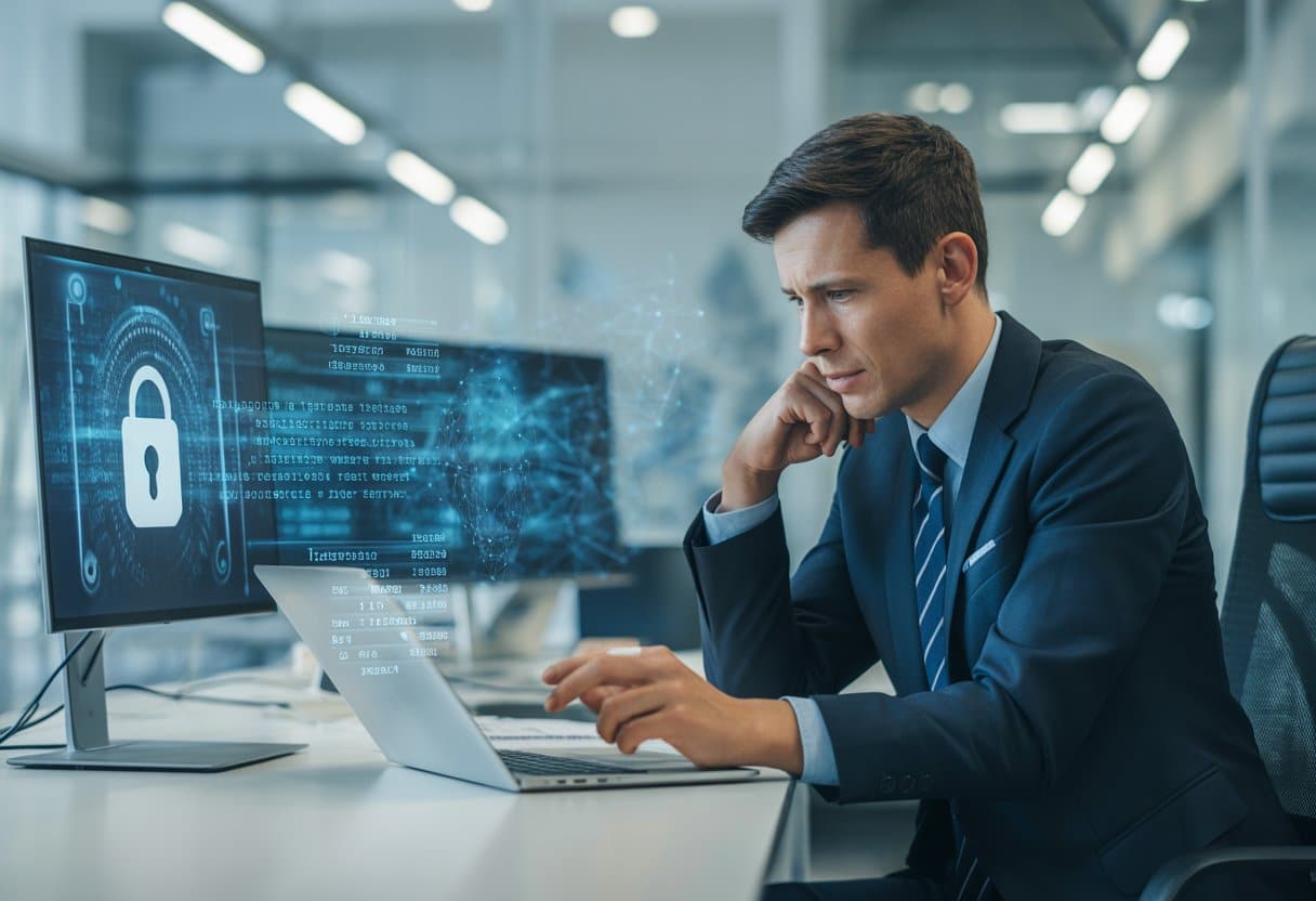 Een ondernemer die serieus werkt aan een laptop in een modern kantoor met digitale beveiligingssymbolen op de achtergrond.