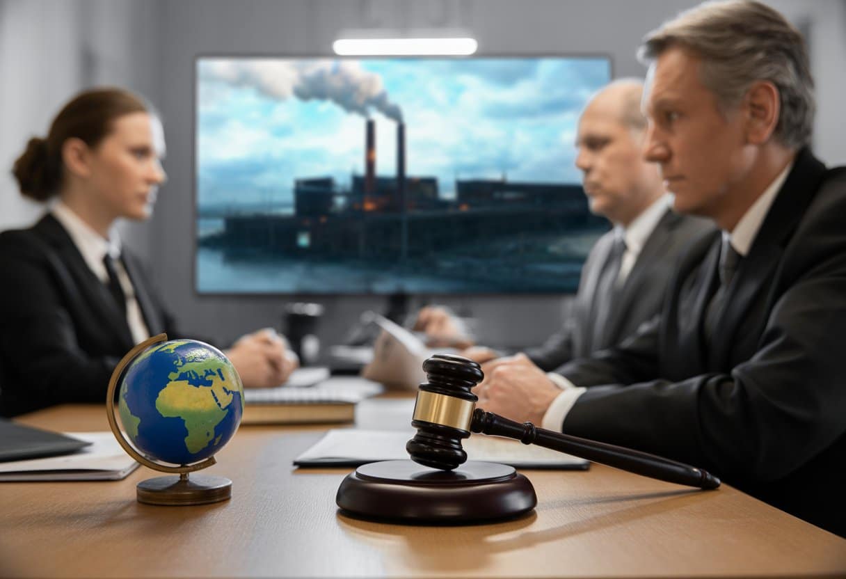 Een rechtbank met een rechter en juristen, een hamer op een bureau naast documenten en een kleine aardbol, op de achtergrond een vervuilde industrie met rookpluimen.