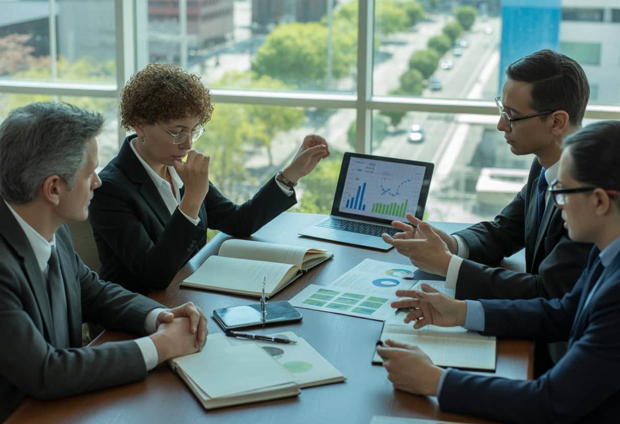 Een groep professionals bespreekt milieuwetgeving aan een vergadertafel met documenten en een laptop in een kantoor met uitzicht op een groene stad.