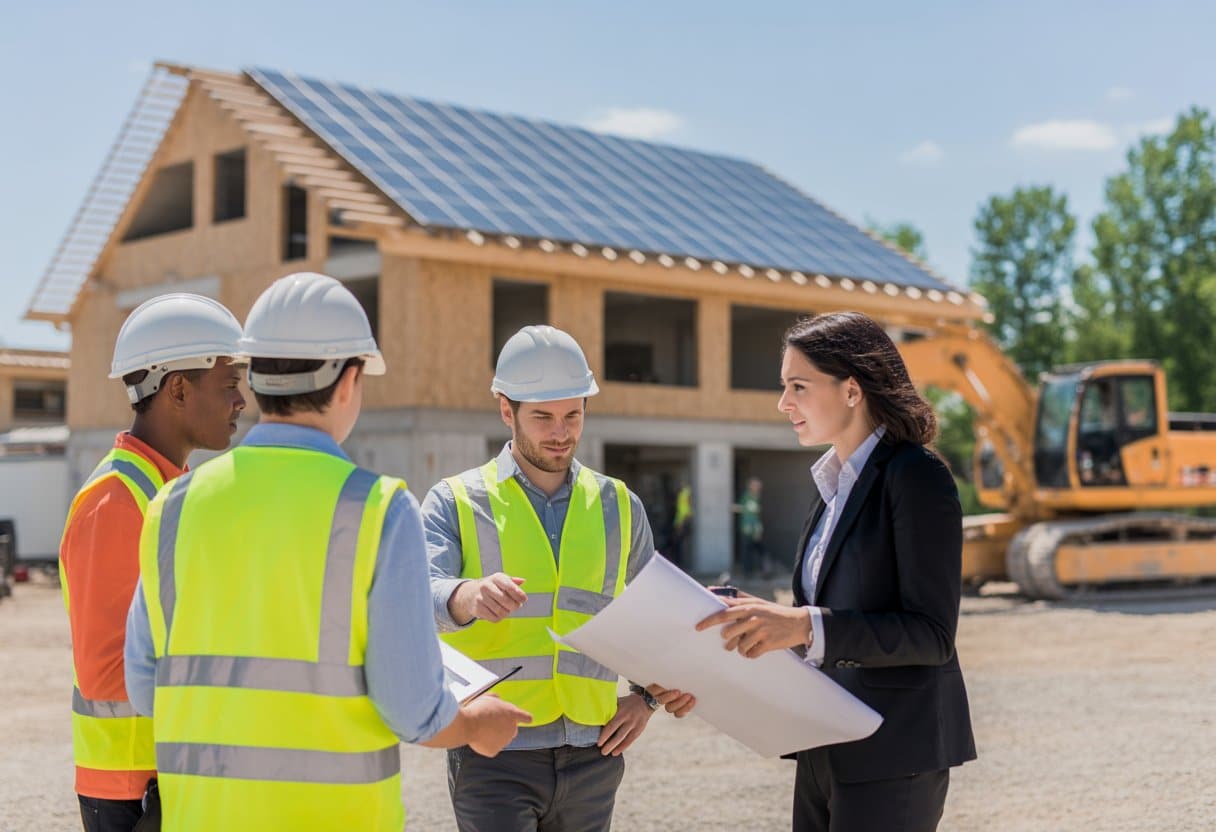 Warmtetransitie en bouwprojecten: juridische aandachtspunten en vergunnings- en aansprakelijkheidskwesties 1 Een bouwplaats met bouwvakkers en een jurist die documenten bespreekt bij een deels gebouwd gebouw met zonnepanelen op het dak.