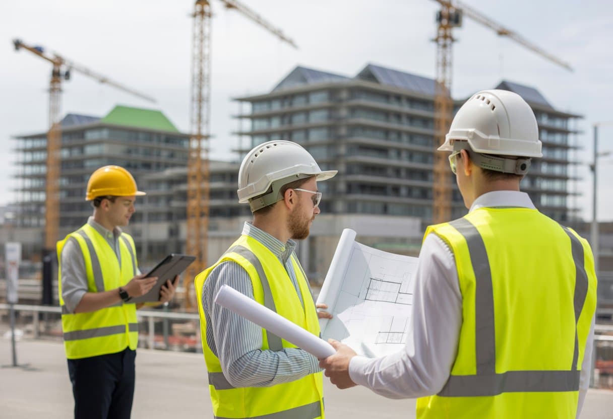 Warmtetransitie en bouwprojecten: juridische aandachtspunten en vergunnings- en aansprakelijkheidskwesties 2 Architecten en ingenieurs op een bouwplaats met zonnepanelen en groene daken, die bouwplannen bekijken.