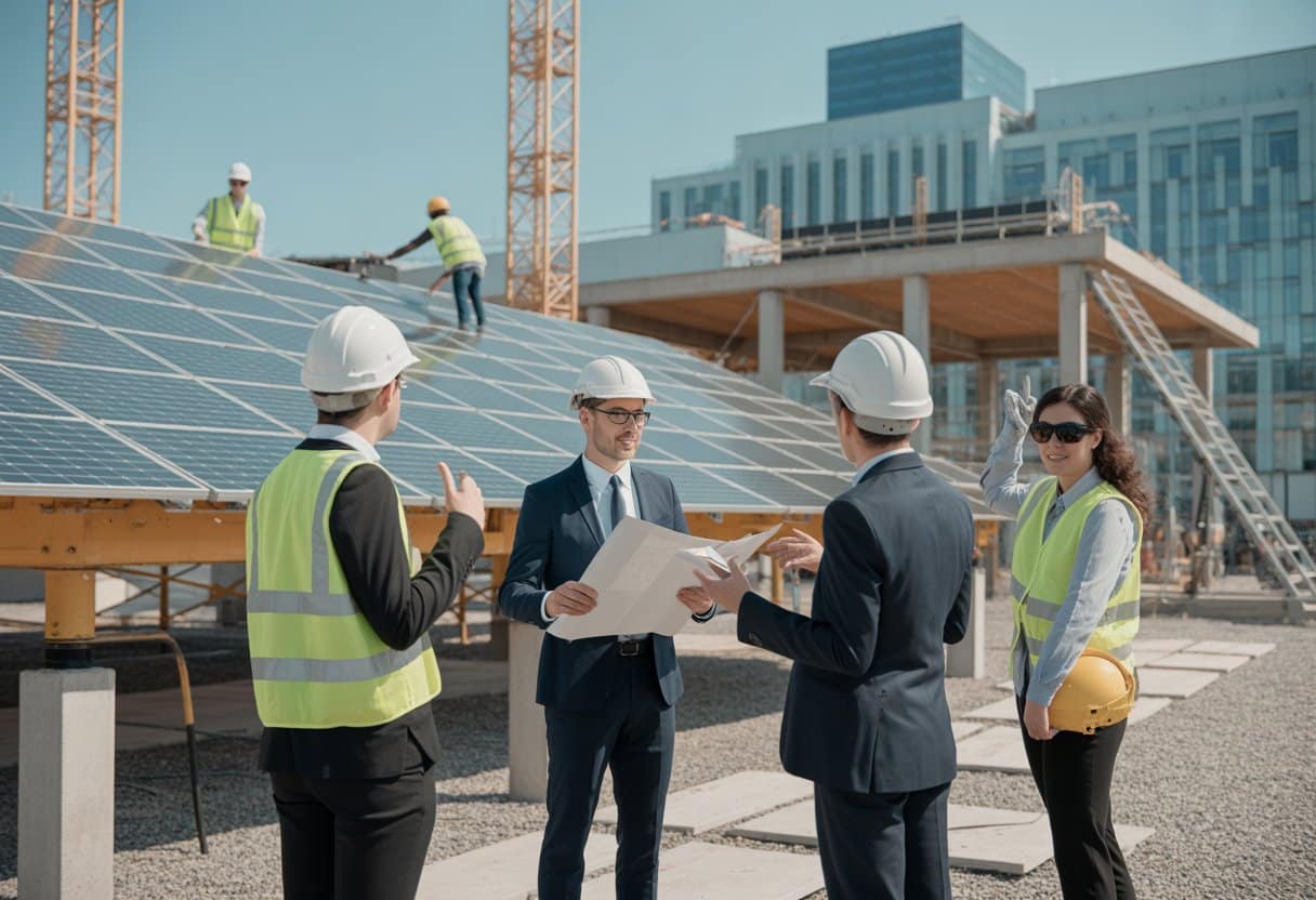 Warmtetransitie en bouwprojecten: juridische aandachtspunten en vergunnings- en aansprakelijkheidskwesties 3 Mensen bespreken bouw- en energieprojecten bij een bouwplaats met zonnepanelen en bouwkranen.