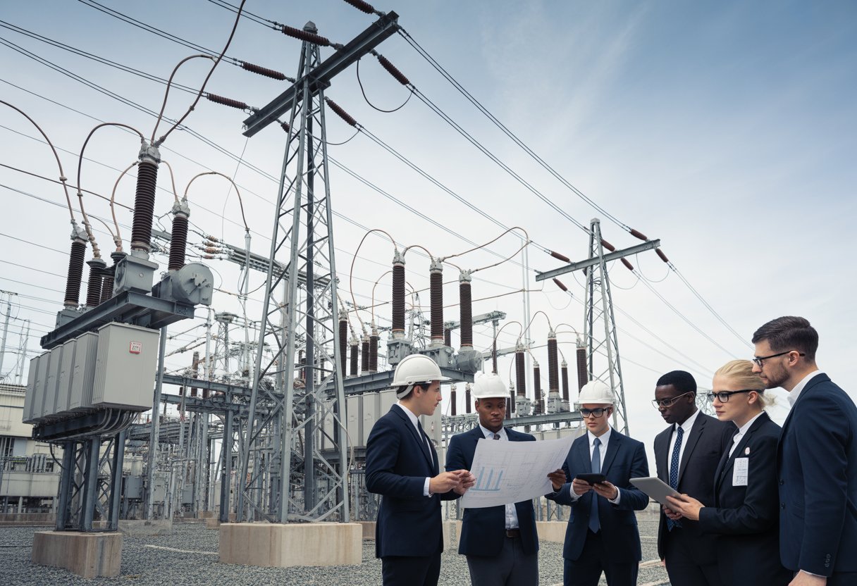 Een groep professionals bespreekt industriële elektriciteitsinfrastructuur bij een groot industrieel terrein met hoogspanningslijnen en transformatoren.