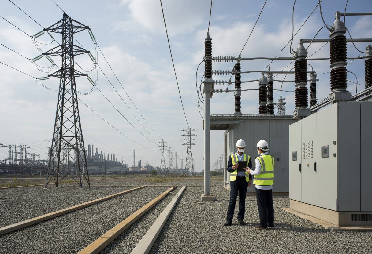 Ingenieurs inspecteren een elektriciteitsnetwerk bij een industrieel terrein met hoogspanningslijnen en transformatoren.