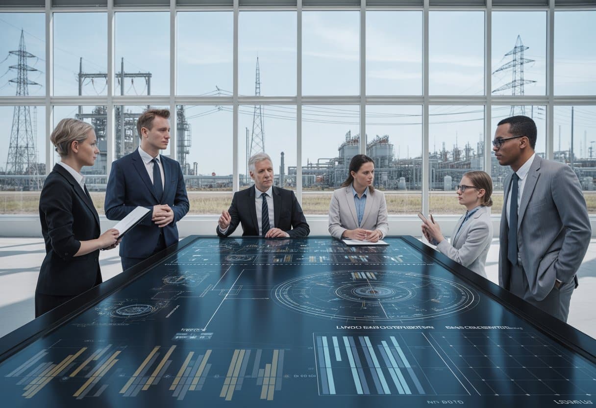 Een groep professionals bespreekt industriële netwerken en transportcapaciteit in een moderne vergaderruimte met zicht op industriële installaties.