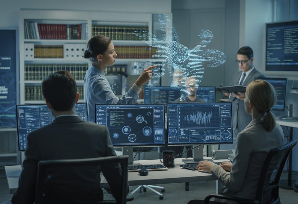 Een groep professionals in een kantoor onderzoekt digitale gegevens op computerschermen, met een holografische weergave van digitale sporen in beeld.