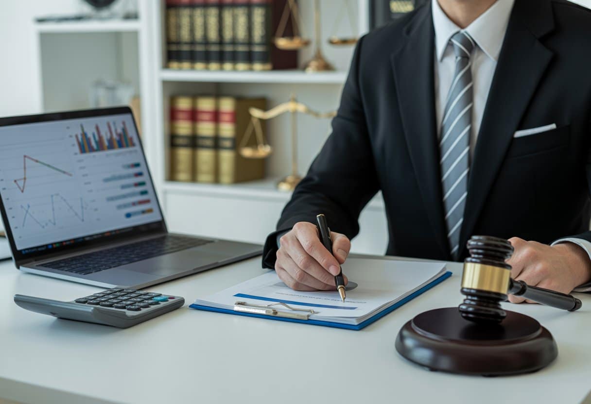 Schadevergoeding en ontnemen van wederrechtelijk verkregen voordeel bij vermogensdelicten 1 Een zakelijk kantoor met een advocaat die juridische documenten en financiƫle gegevens bekijkt, met een gavel en boeken op de achtergrond.