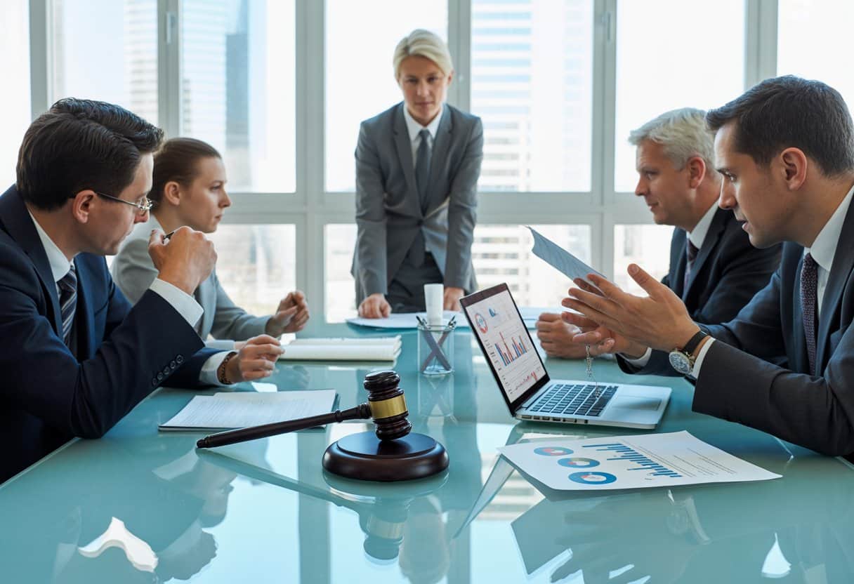 Schadevergoeding en ontnemen van wederrechtelijk verkregen voordeel bij vermogensdelicten 2 Een groep professionals bespreekt juridische en financiƫle documenten aan een vergadertafel in een kantoor met uitzicht op de stad.