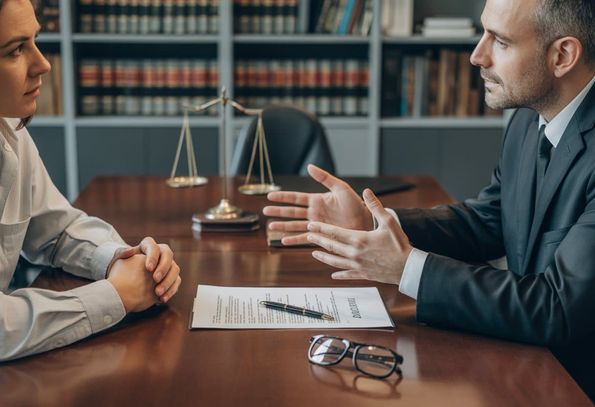 Een advocaat en een cliënt zitten aan een tafel met een contract, terwijl de advocaat iets uitlegt in een kantoor met boeken en een weegschaal van rechtvaardigheid op de achtergrond.