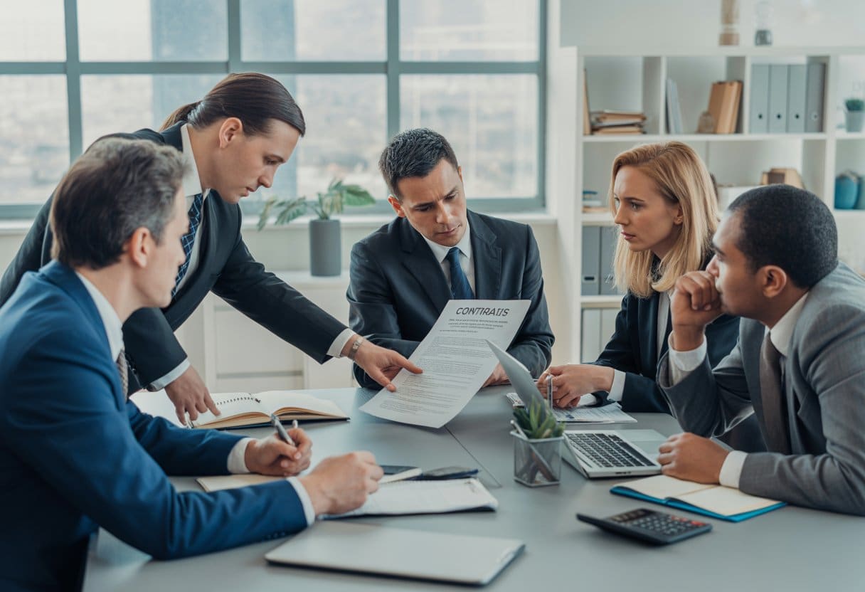 Een groep professionals zit rond een vergadertafel en bespreekt documenten over aansprakelijkheid en kosten bij schade.