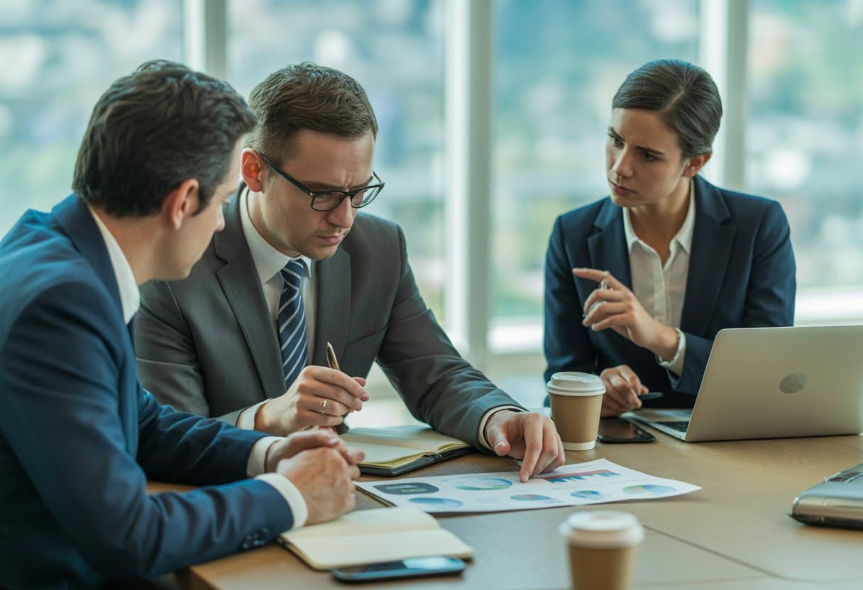 Drie professionals bespreken aansprakelijkheid en kosten bij schade tijdens een vergadering in een modern kantoor.