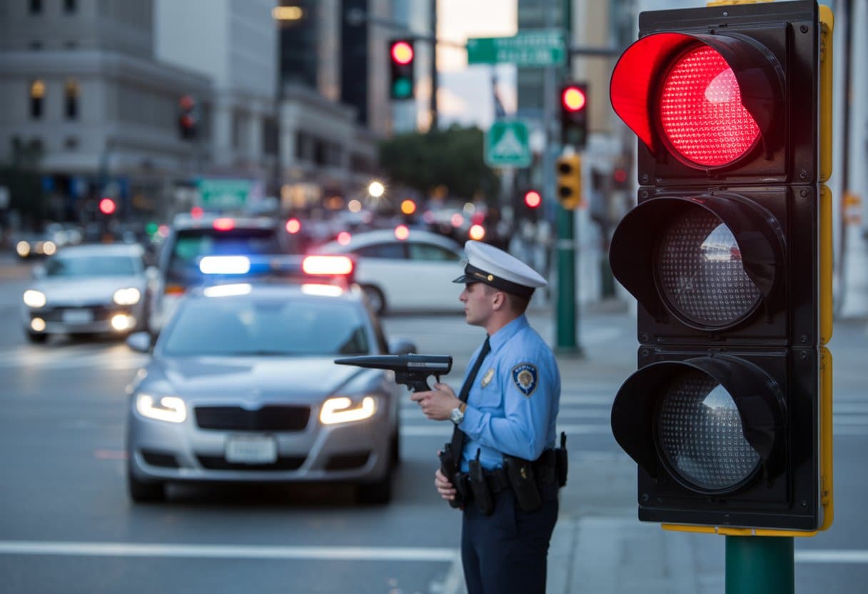 Een auto rijdt door een rood verkeerslicht terwijl een agent met een lasergun op straat staat.