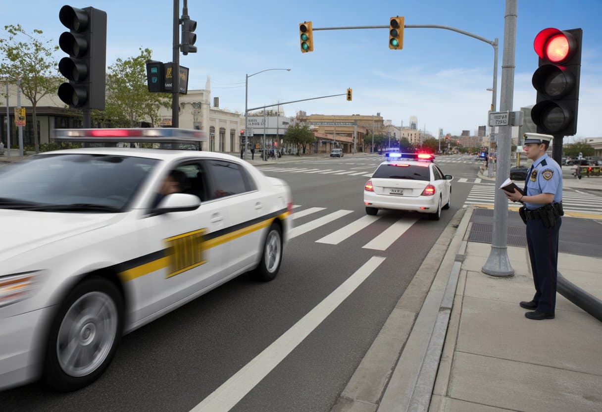 Straatscène met een auto die te hard rijdt en een auto die door rood licht rijdt, met een politieagent die een proces-verbaal uitschrijft.