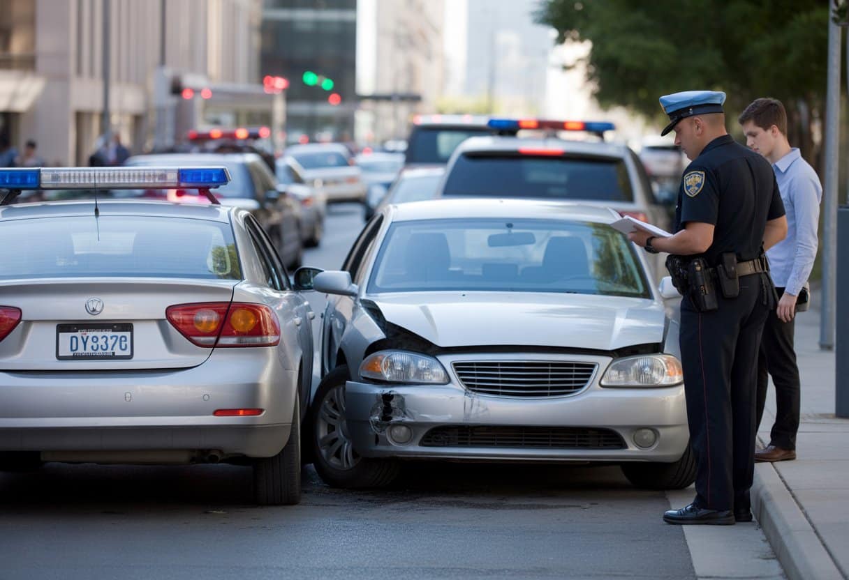 Twee beschadigde auto's na een botsing met een politieagent die aantekeningen maakt en een bestuurder die bezorgd toekijkt op een stadsstraat.