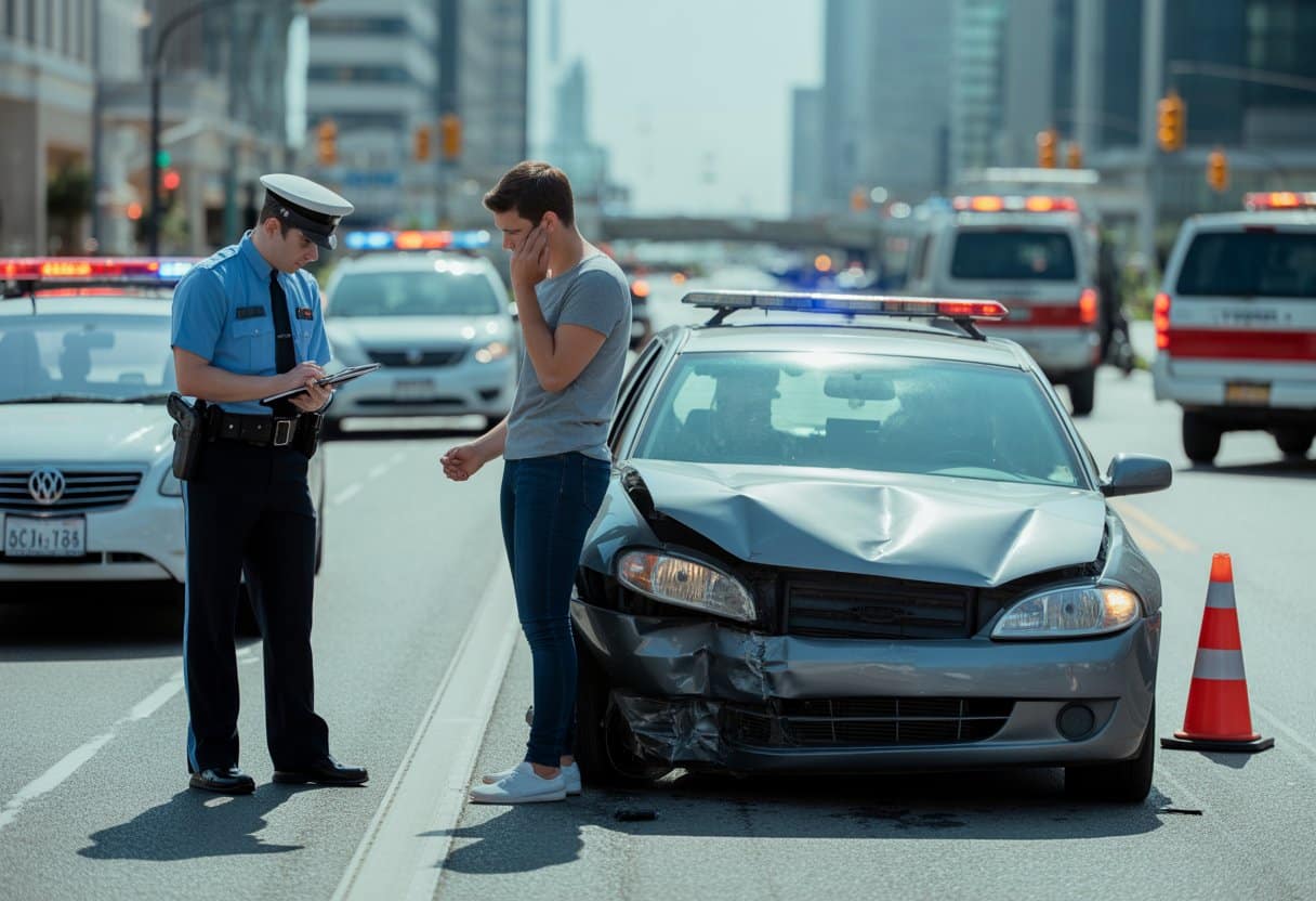 Een verkeersongeluk met een beschadigde auto, een politieagent die met een bestuurder spreekt en hulpdiensten op de achtergrond.