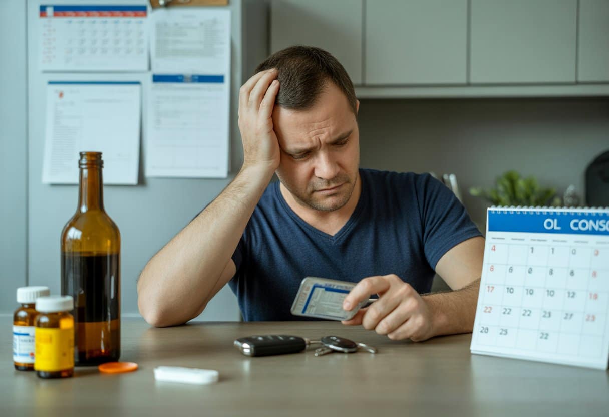 Een bezorgde man zit aan een keukentafel met zijn rijbewijs en autosleutels, naast een fles alcohol en medicijnflesjes.