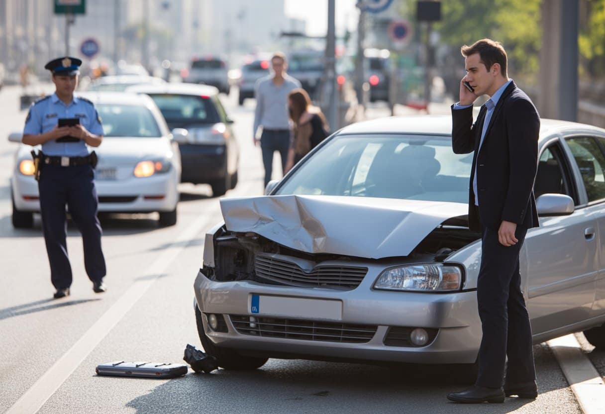 Een verkeersongeluk met een beschadigde auto op straat, een bestuurder belt en een politieagent nadert de plek.