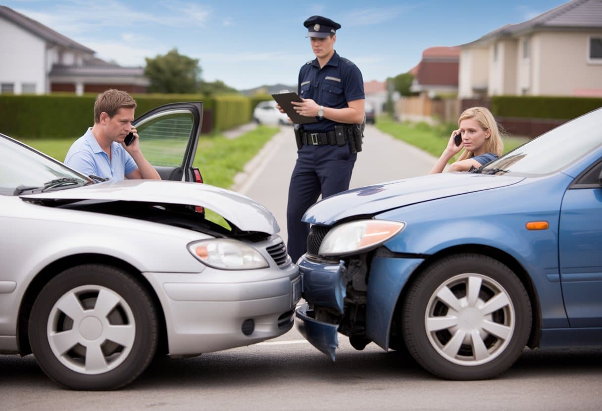 Twee auto's met lichte schade staan geparkeerd op een straat, een persoon belt op een telefoon en een hulpverlener komt aanlopen.