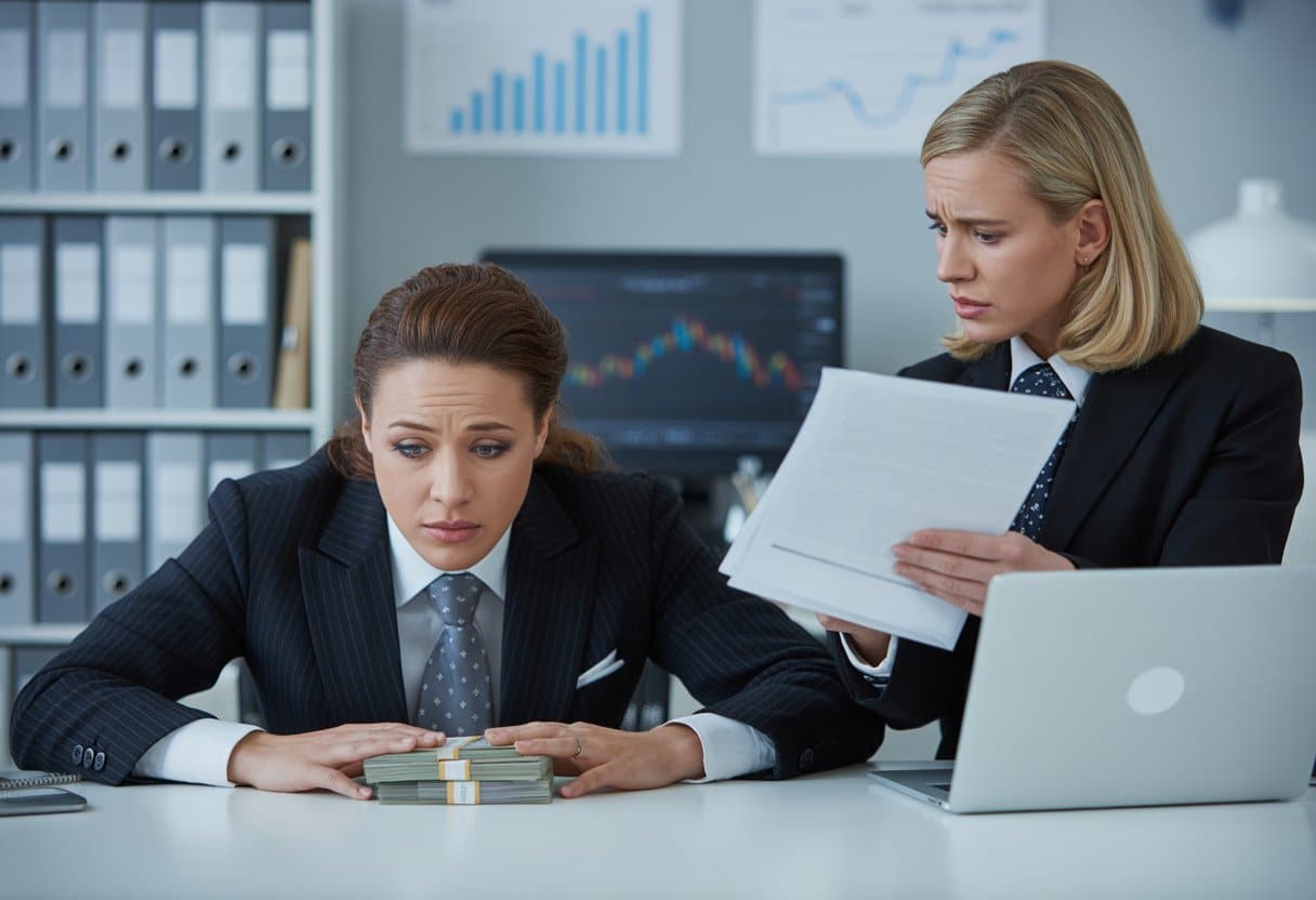 Twee mensen in een kantoor, één verbergt geld onder een bureau terwijl de ander financiële documenten bekijkt.