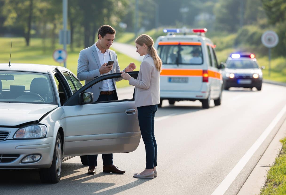 Twee bestuurders bij een lichte aanrijding op een rustige straat, een belt met een telefoon terwijl de ander schade aan de auto bekijkt, met een ambulance en politieauto in de verte.