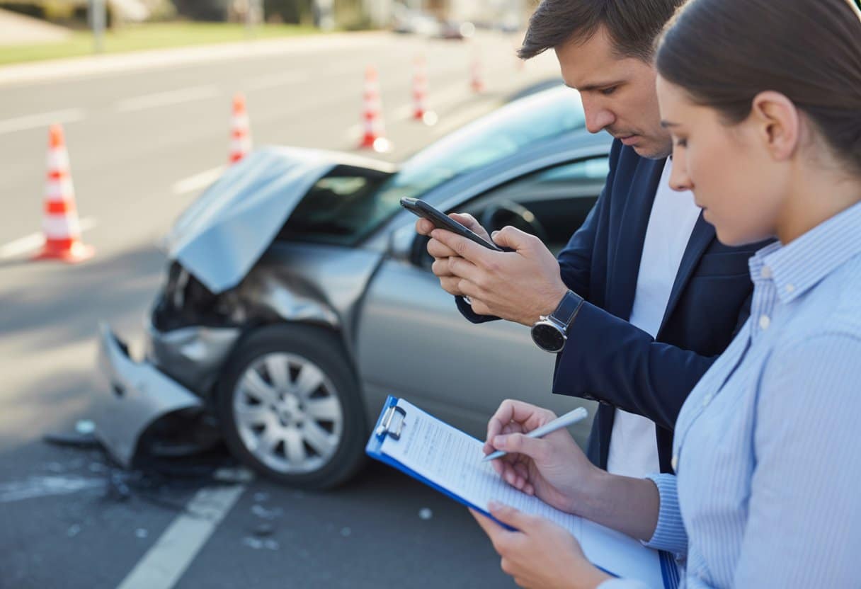 Twee personen verzamelen bewijs en informatie bij een auto-ongeluk langs de weg, waarbij een persoon foto's maakt en de ander aantekeningen maakt.