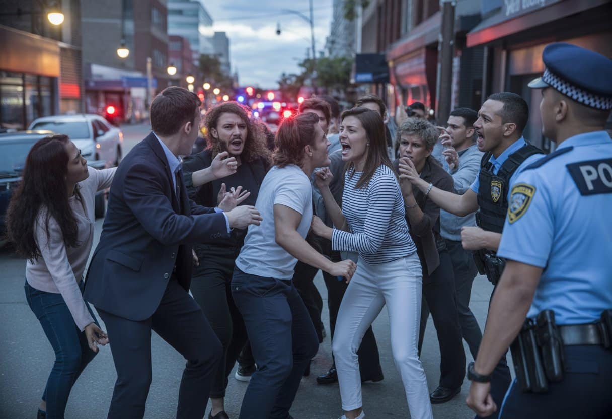 Een stedelijke straat waar een groep mensen betrokken is bij een verhitte confrontatie, met politieagenten die arriveren om de situatie te beheersen.