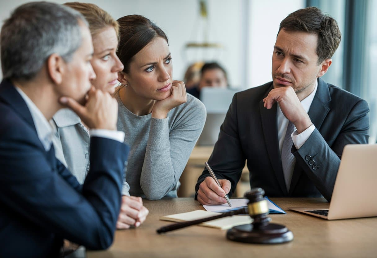 Seksueel grensoverschrijdend gedrag: wat zijn de juridische gevolgen? 2 Drie volwassenen in een kantooromgeving voeren een serieus gesprek over juridische kwesties.
